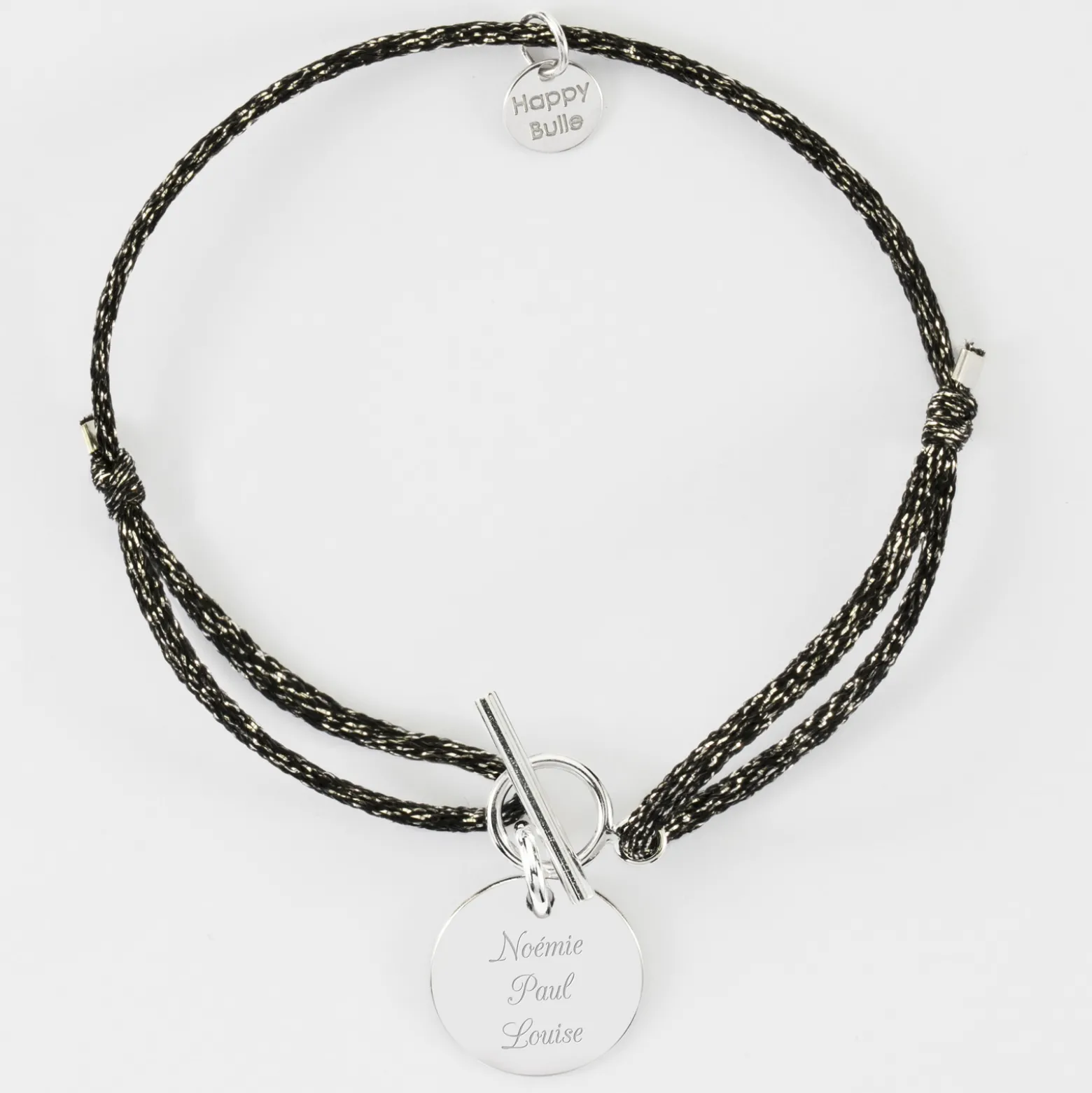 Bracelet fermoir personnalisé cordon pailleté médaille gravée argent 15 mm