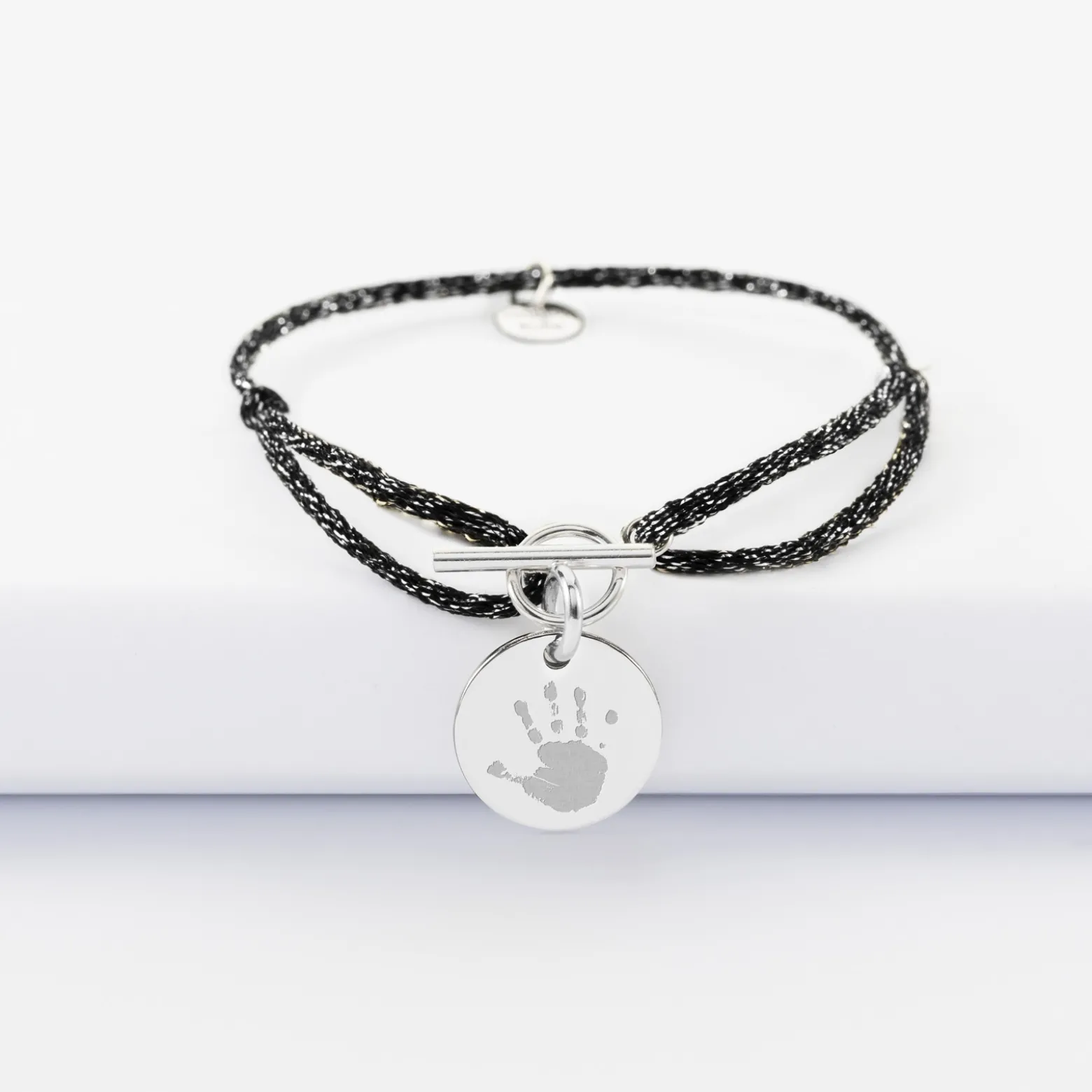 Bracelet fermoir personnalisé cordon pailleté médaille gravée argent 15 mm