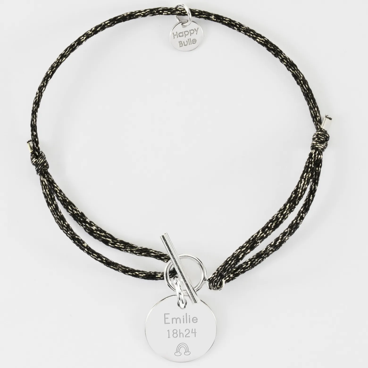 Bracelet fermoir personnalisé cordon pailleté médaille gravée argent 15 mm