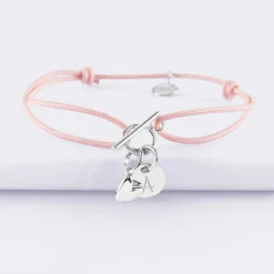 Bracelet fermoir personnalisé cordon médaille gravée argent initiale 10 mm et breloque petit coeur bombé 7 mm - HappyBulle x Atelier Wagram