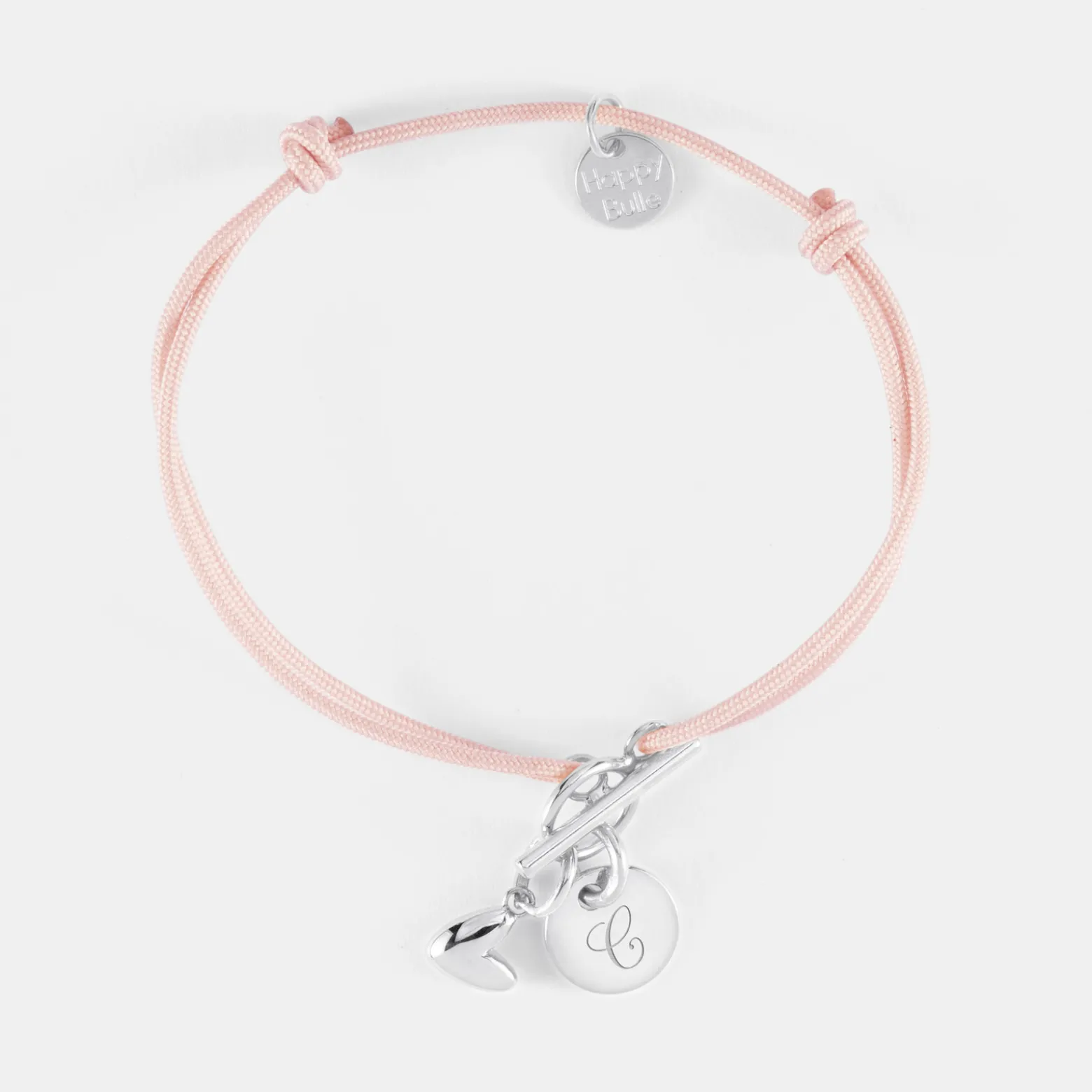 Bracelet fermoir personnalisé cordon médaille gravée argent initiale 10 mm et breloque petit coeur bombé 7 mm - HappyBulle x Atelier Wagram