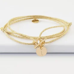 Bracelet fermoir personnalisé cordon 3 tours pailleté médaille gravée plaqué or initiale 10 mm