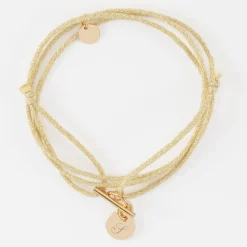 Bracelet fermoir personnalisé cordon 3 tours pailleté médaille gravée plaqué or initiale 10 mm
