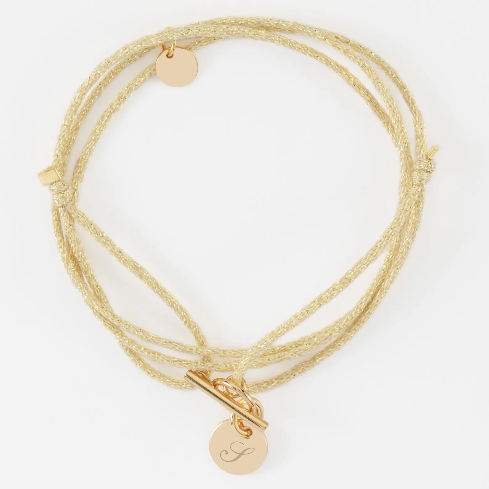 Bracelet fermoir personnalisé cordon 3 tours pailleté médaille gravée plaqué or initiale 10 mm