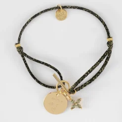 Bracelet fermoir personnalisé cordon pailleté médaille gravée plaqué or 15 mm et breloque fleur pétales zircons 10 mm