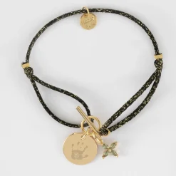Bracelet fermoir personnalisé cordon pailleté médaille gravée plaqué or 15 mm et breloque fleur pétales zircons 10 mm