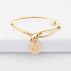 Bracelet fermoir personnalisé cordon pailleté médaille gravée plaqué or 15 mm