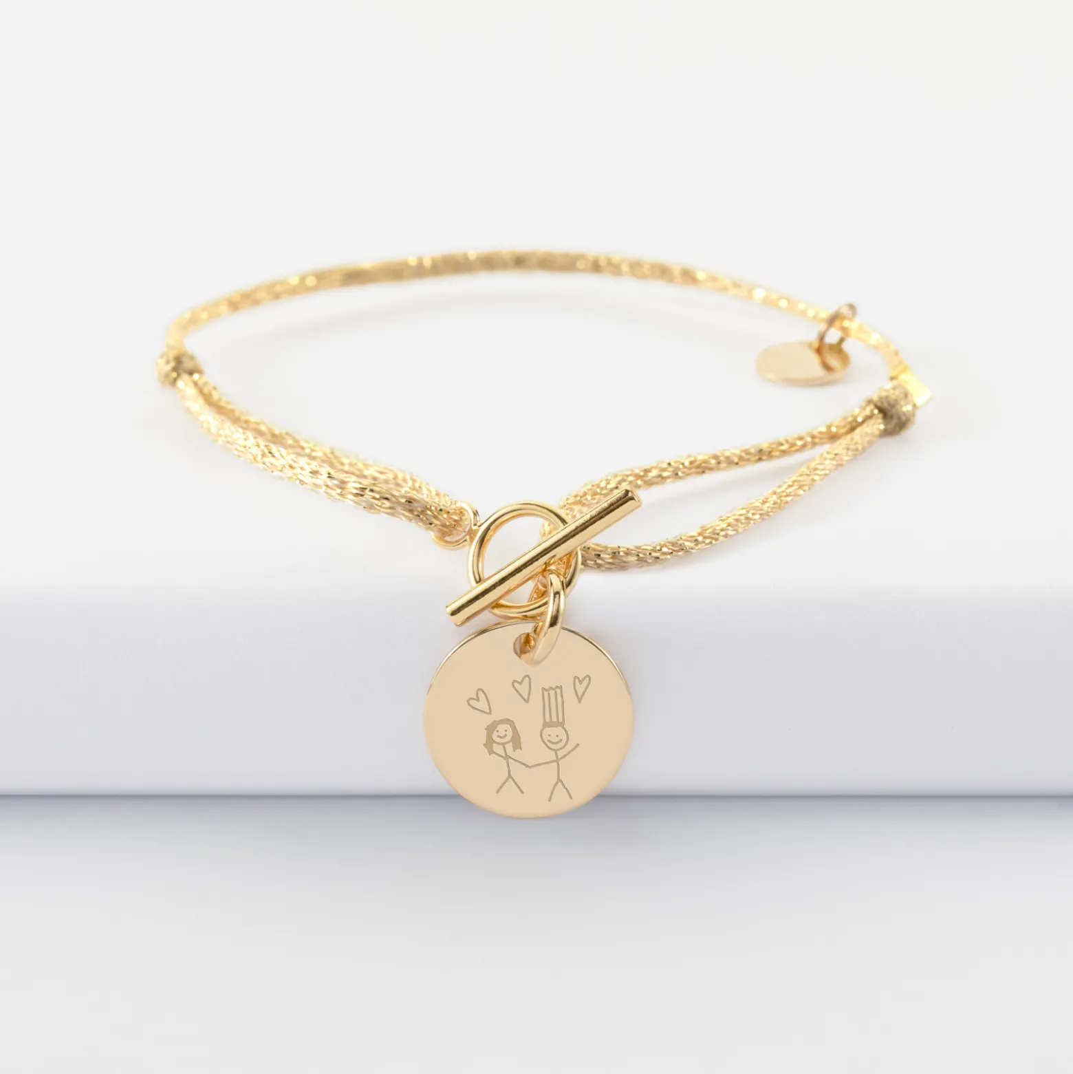 Bracelet fermoir personnalisé cordon pailleté médaille gravée plaqué or 15 mm