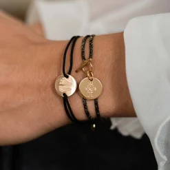 Bracelet fermoir personnalisé cordon pailleté médaille gravée plaqué or 15 mm
