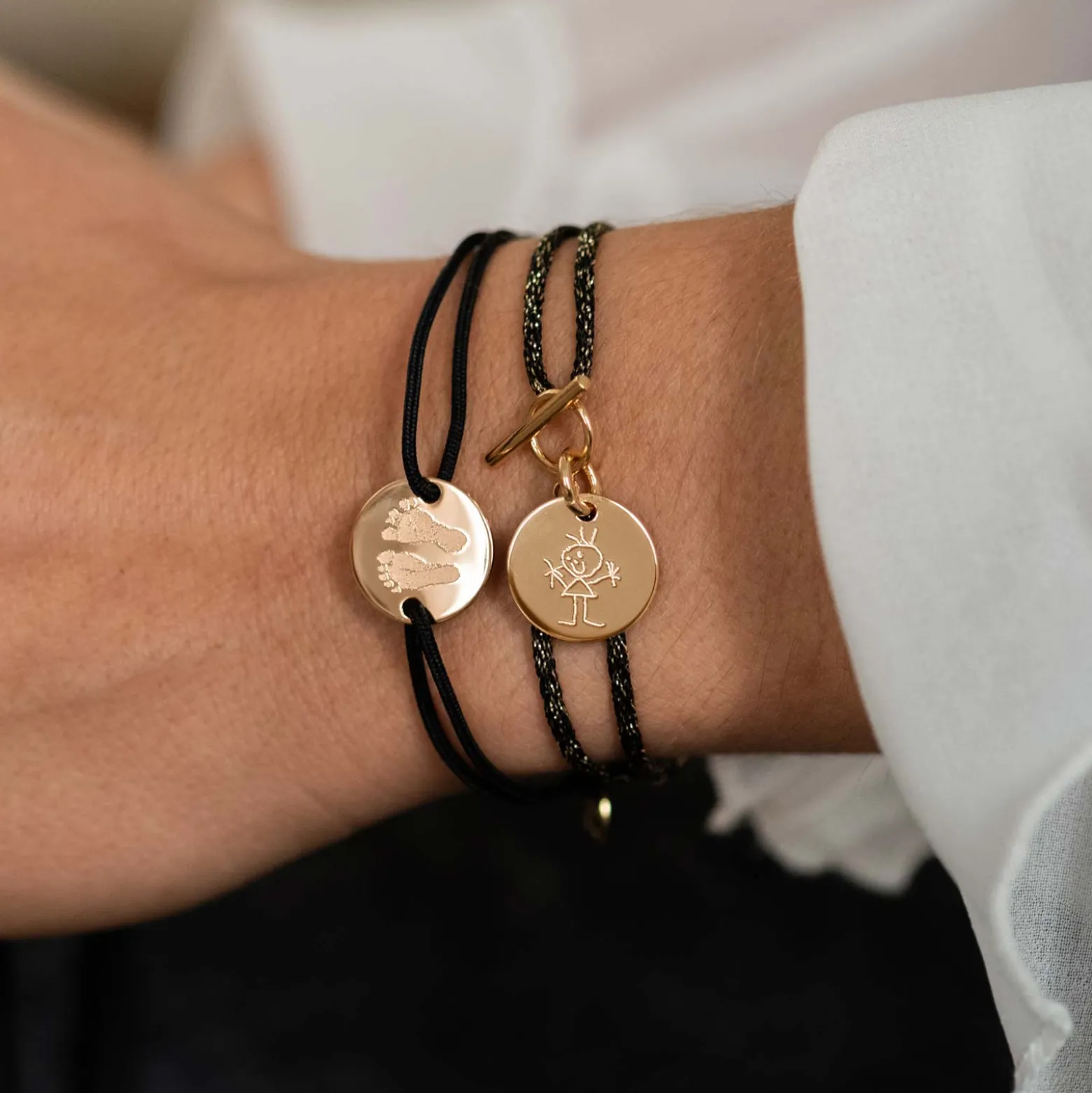 Bracelet fermoir personnalisé cordon pailleté médaille gravée plaqué or 15 mm