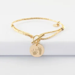 Bracelet fermoir personnalisé cordon pailleté médaille gravée plaqué or 15 mm