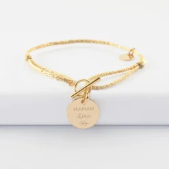 Bracelet fermoir personnalisé cordon pailleté médaille gravée plaqué or 15 mm