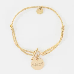 Bracelet fermoir personnalisé cordon pailleté médaille gravée plaqué or 15 mm