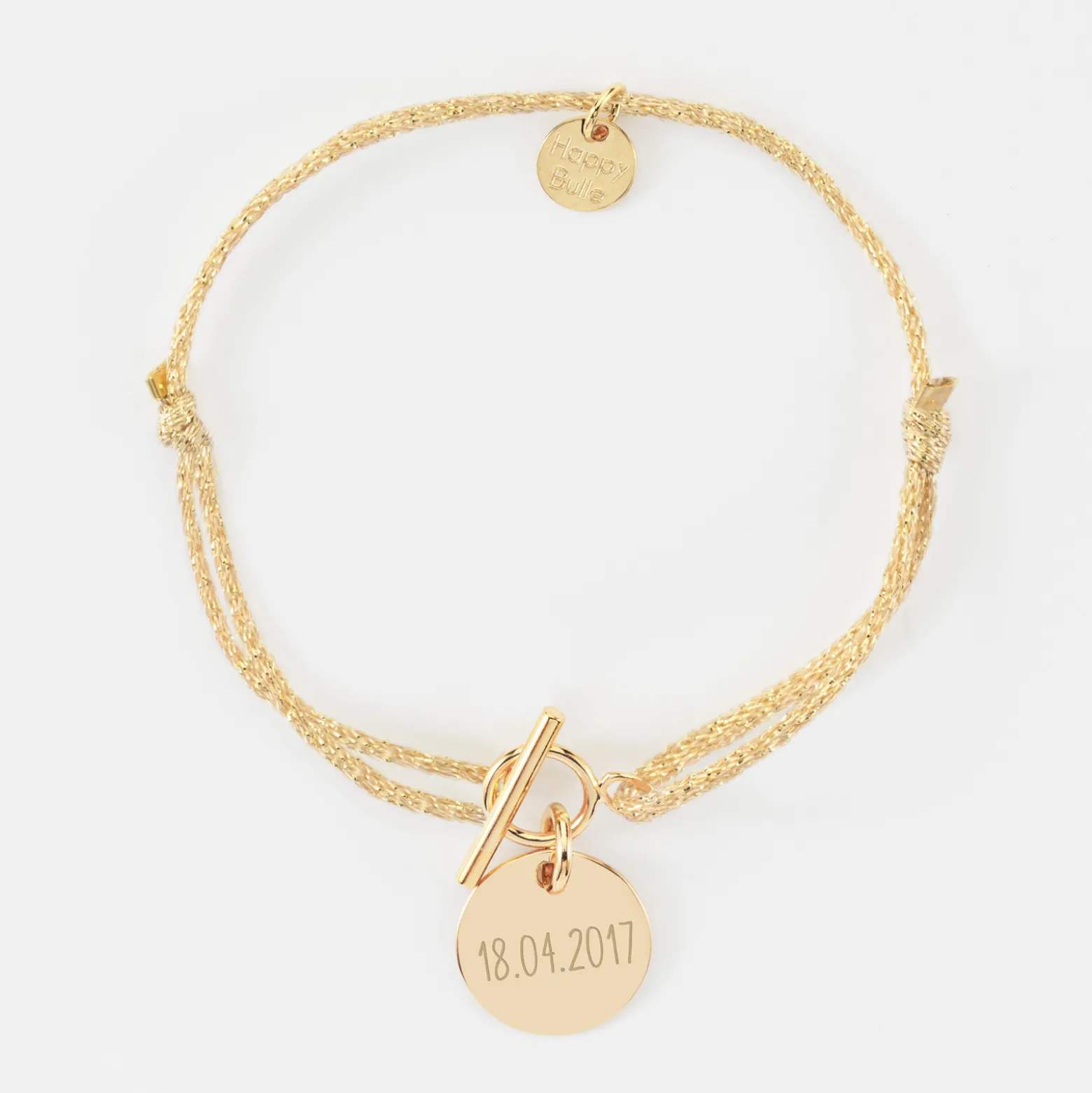 Bracelet fermoir personnalisé cordon pailleté médaille gravée plaqué or 15 mm