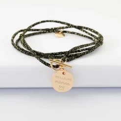 Bracelet fermoir personnalisé cordon 3 tours pailleté médaille gravée plaqué or 15 mm