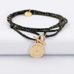 Bracelet fermoir personnalisé cordon 3 tours pailleté médaille Lune zircons crépuscule gravée plaqué or 16 mm
