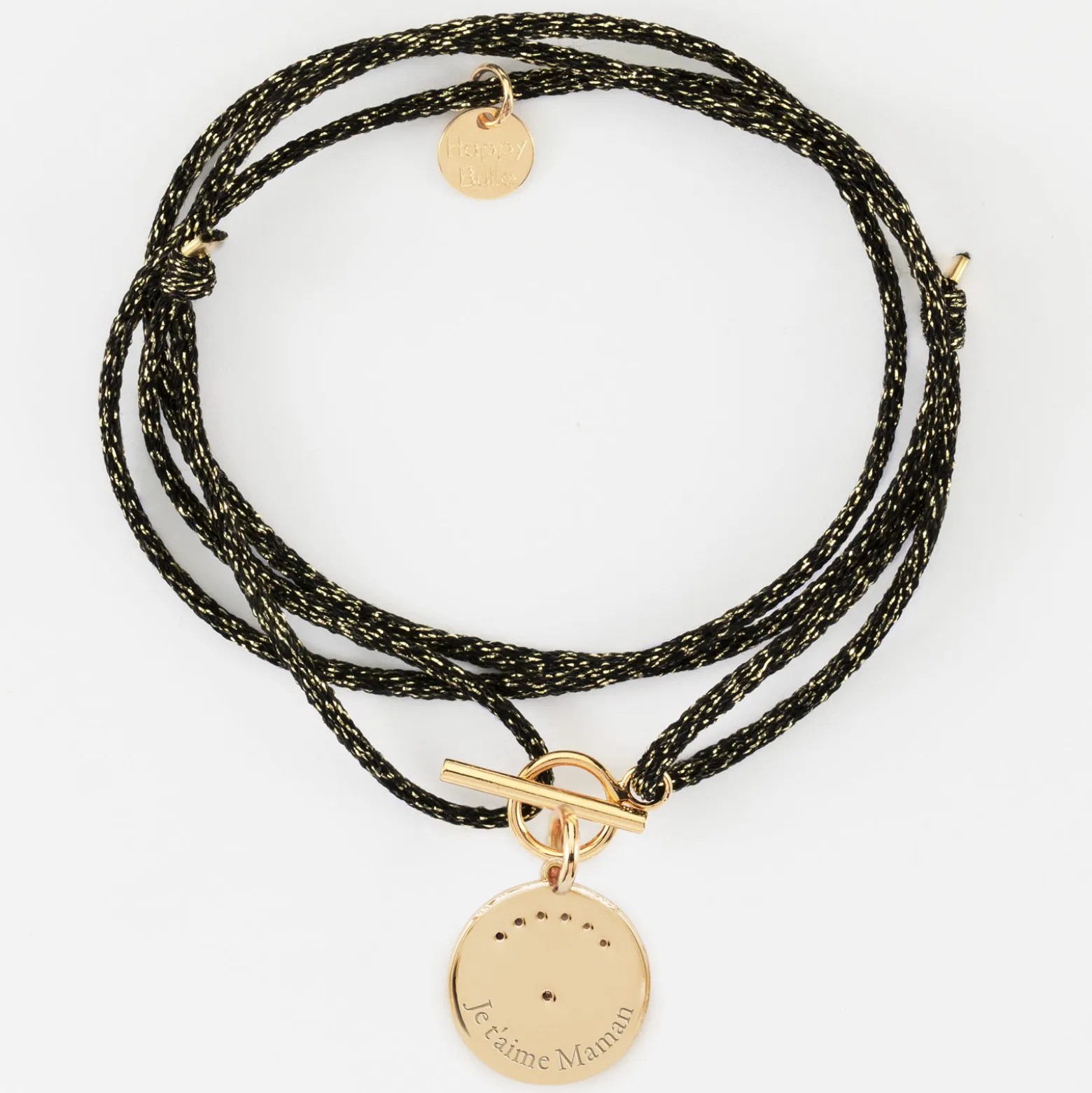 Bracelet fermoir personnalisé cordon 3 tours pailleté médaille Lune zircons crépuscule gravée plaqué or 16 mm