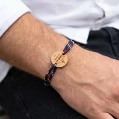 Bracelet homme cordage marin tricolore simple médaille gravée bois ronde 2 trous 21 mm - Edition spéciale Ramenez la coupe