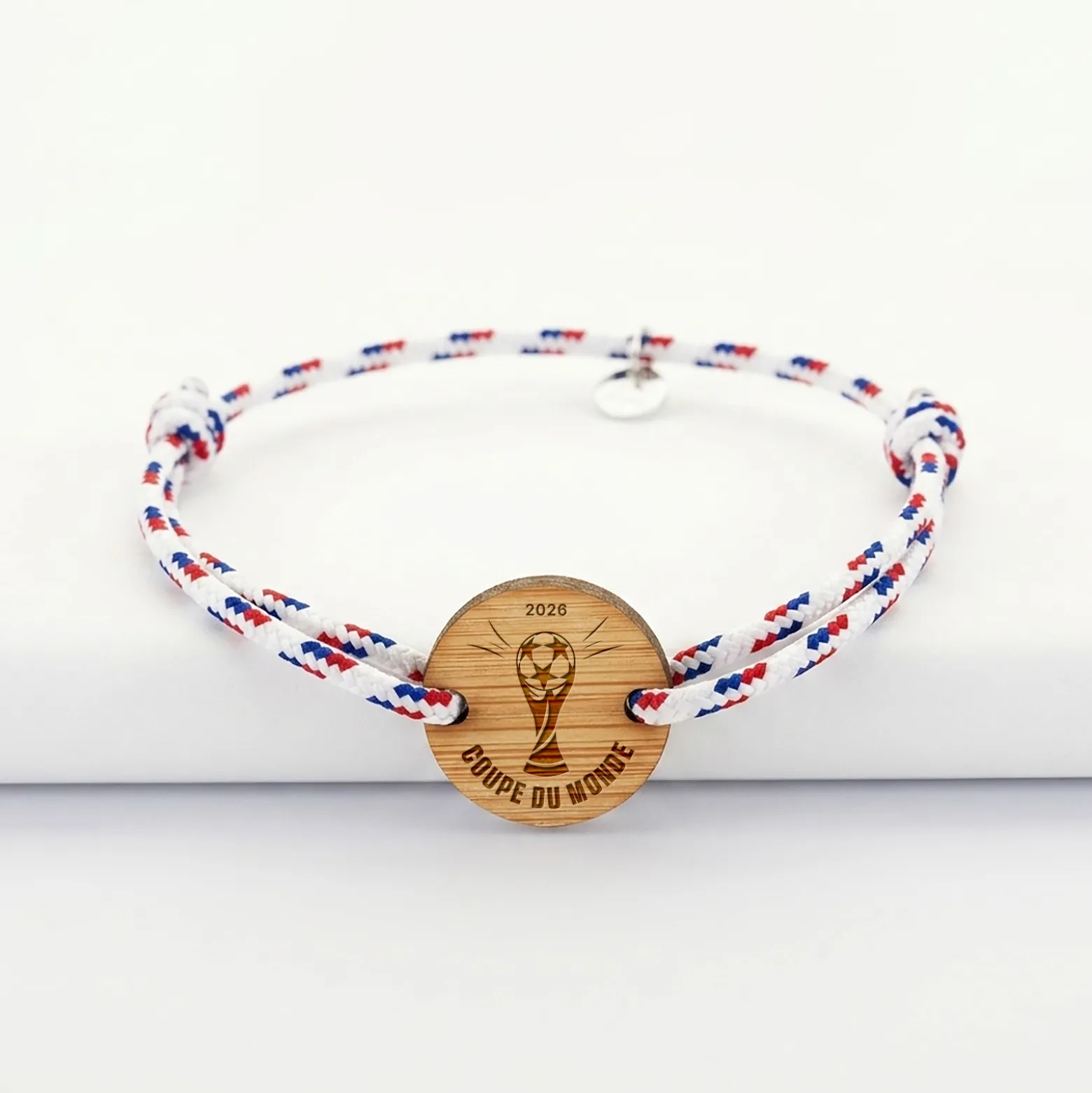 Bracelet homme cordage marin tricolore simple médaille gravée bois ronde 2 trous 21 mm - Edition spéciale Coupe du Monde