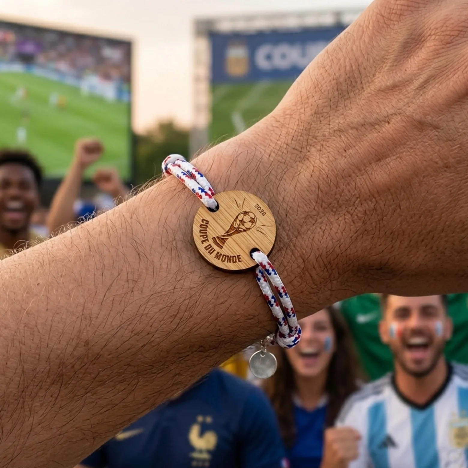 Bracelet homme cordage marin tricolore simple médaille gravée bois ronde 2 trous 21 mm - Edition spéciale Coupe du Monde