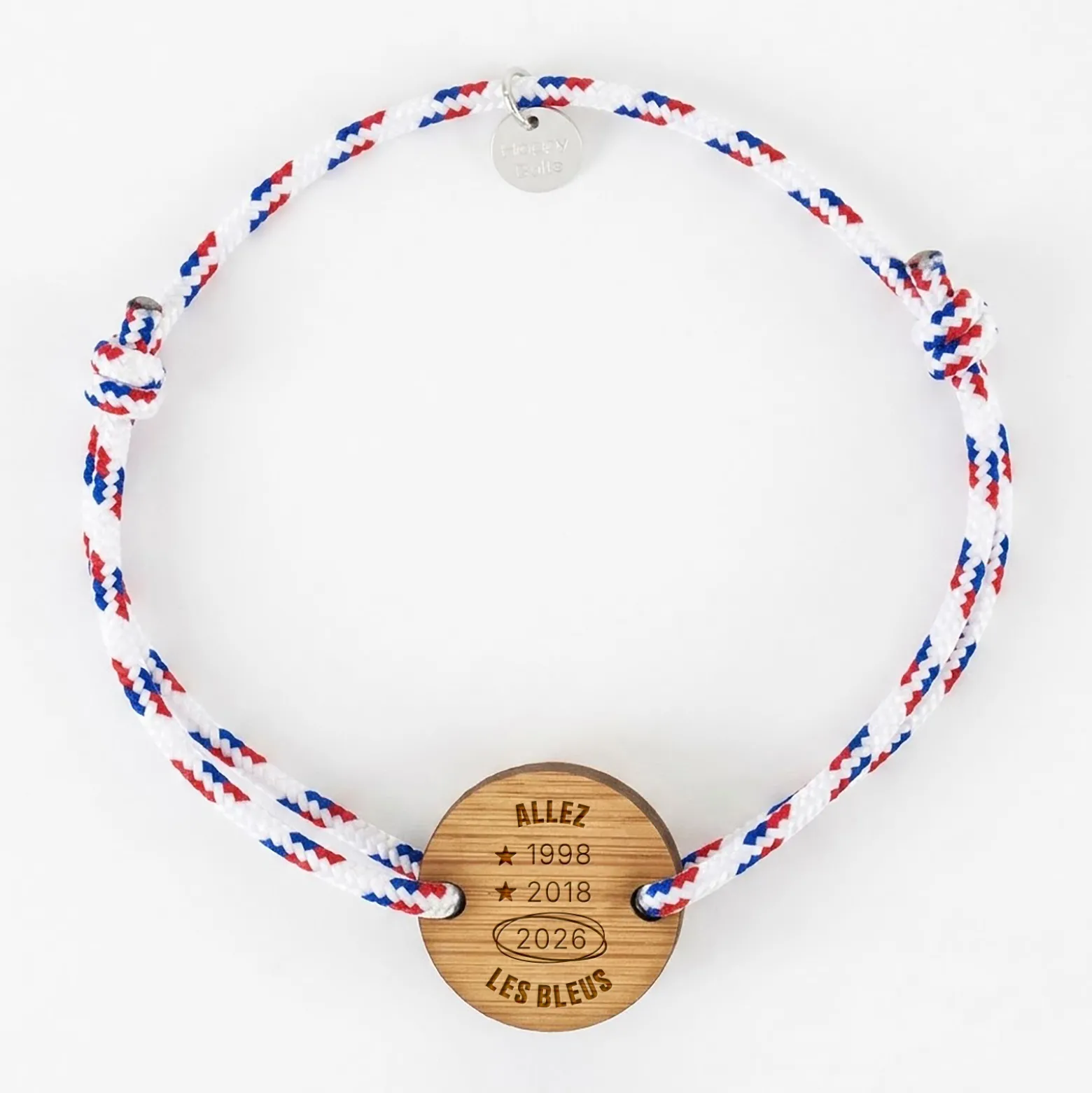 Bracelet homme cordage marin tricolore simple médaille gravée bois ronde 2 trous 21 mm - Edition spéciale Allez les bleus