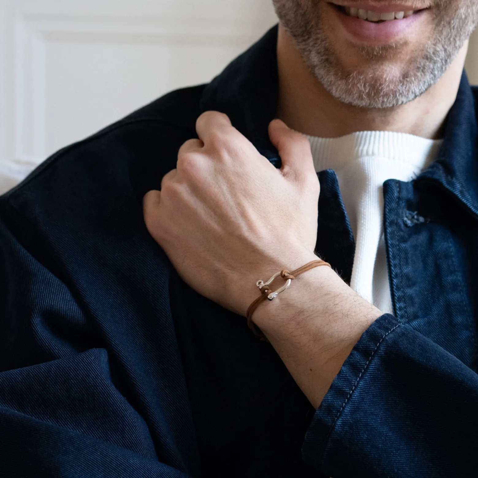 Bracelet homme cordon cuir double manille argent 20 mm
