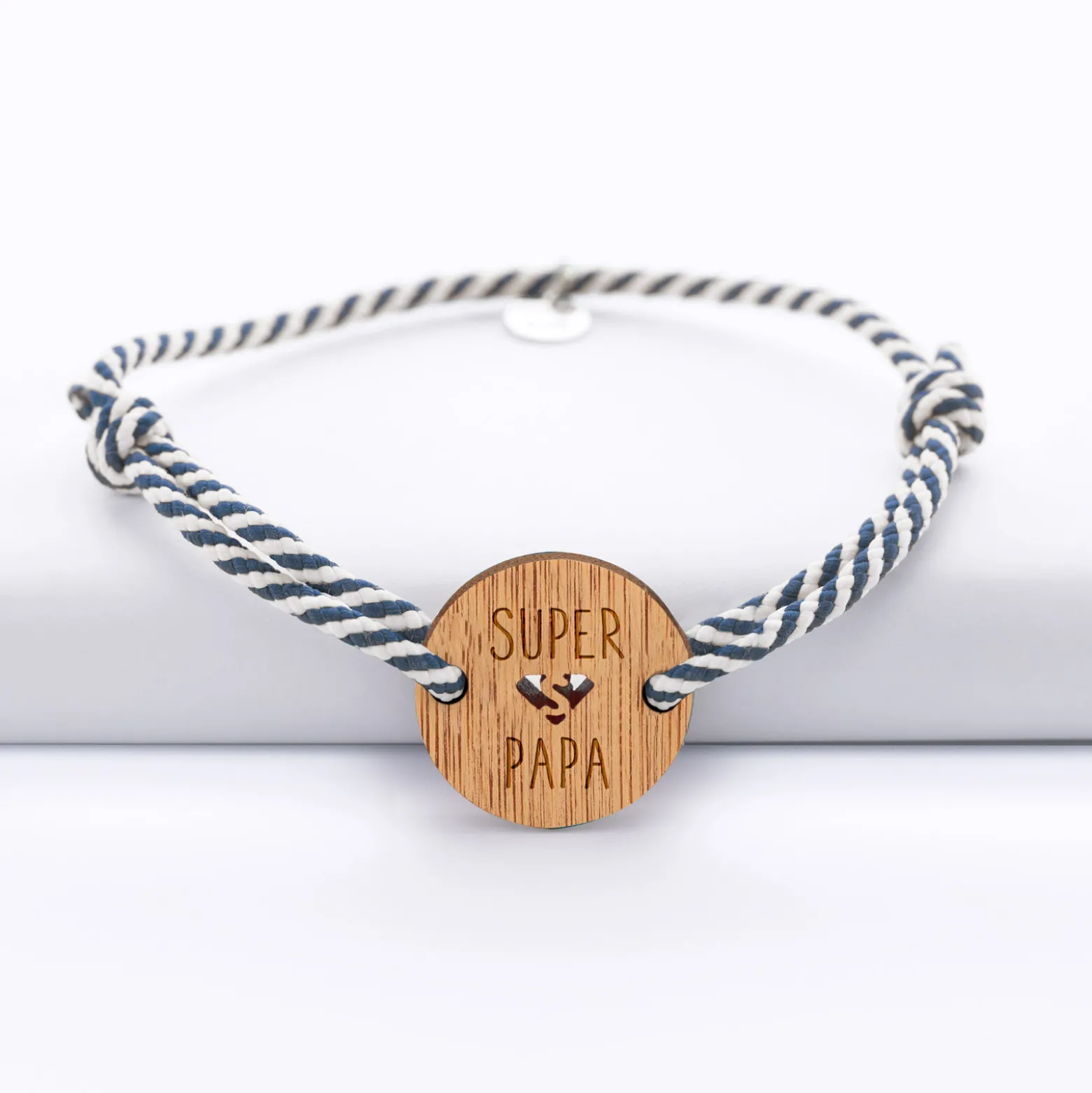 Bracelet homme cordon marin médaille gravée bois ronde 21 mm - Edition spéciale "Super Papa"
