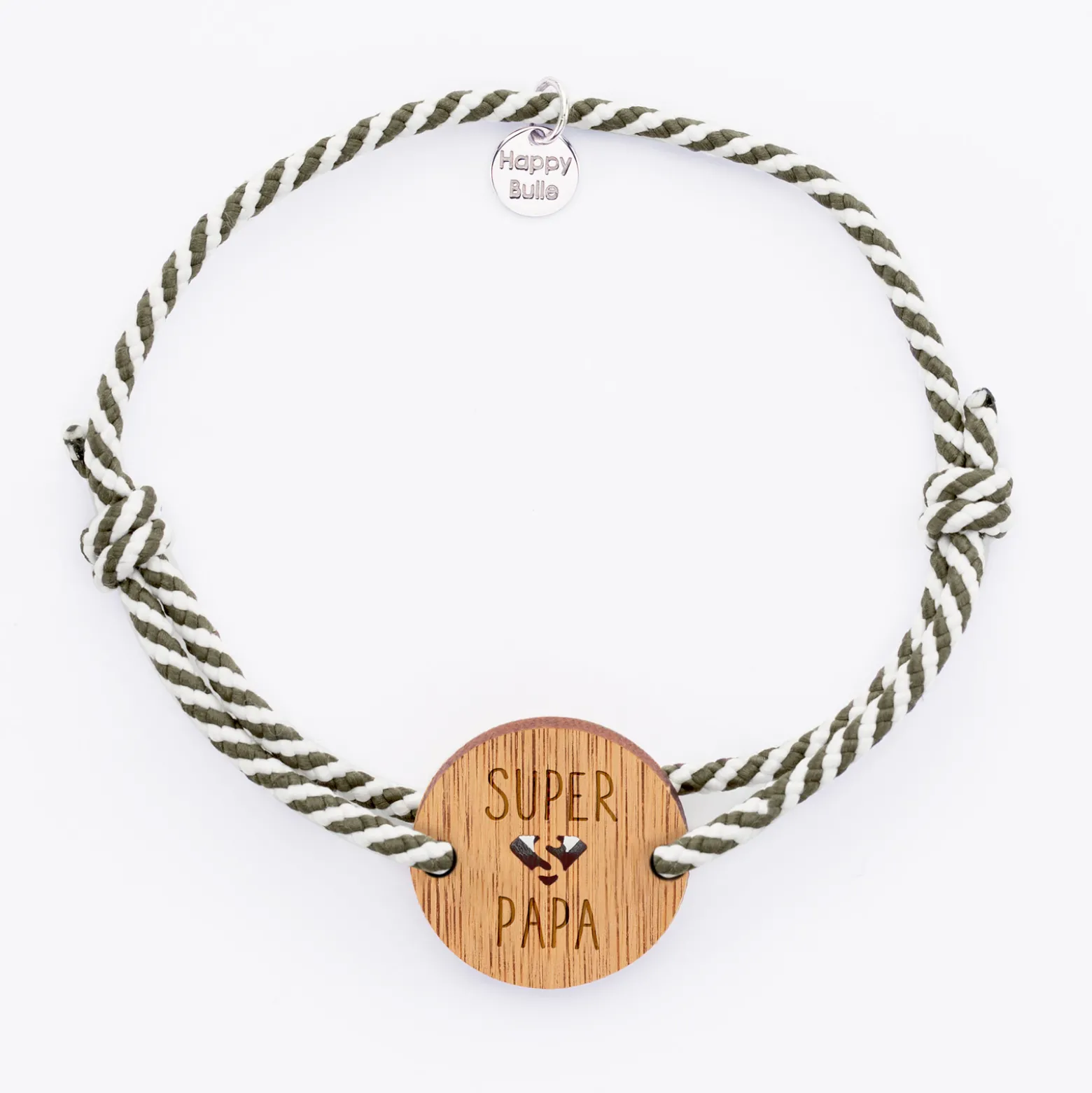 Bracelet homme cordon marin médaille gravée bois ronde 21 mm - Edition spéciale "Super Papa"