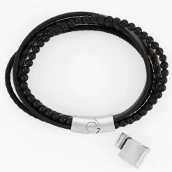 Bracelet homme cuir et perles fermoir acier 15x11 mm