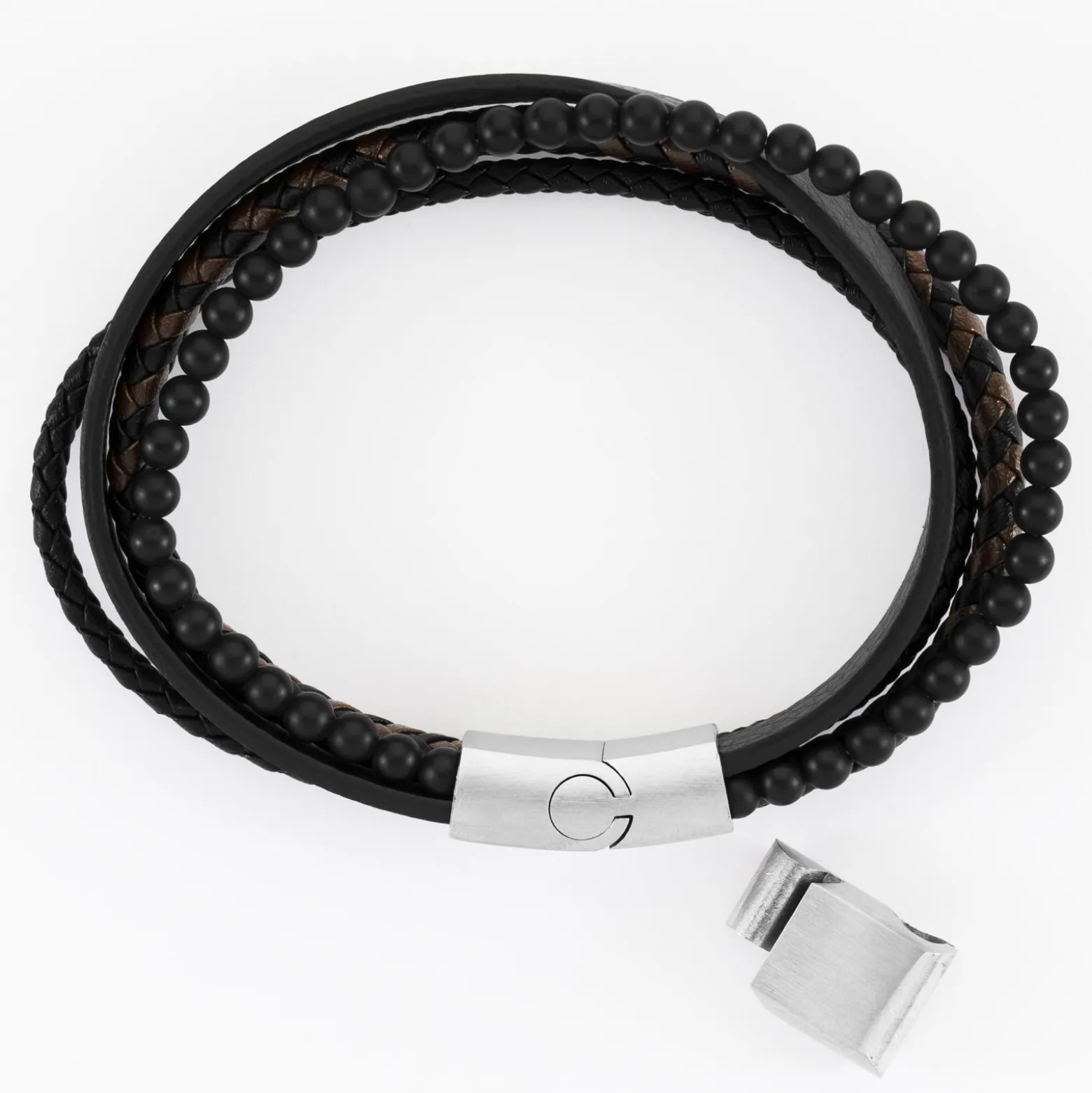 Bracelet homme cuir et perles fermoir acier 15x11 mm