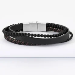 Bracelet homme cuir et perles fermoir acier 15x11 mm
