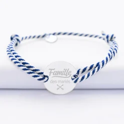 Bracelet homme Famille des mariés personnalisé cordon marin tressé médaille gravée argent 2 trous 20 mm