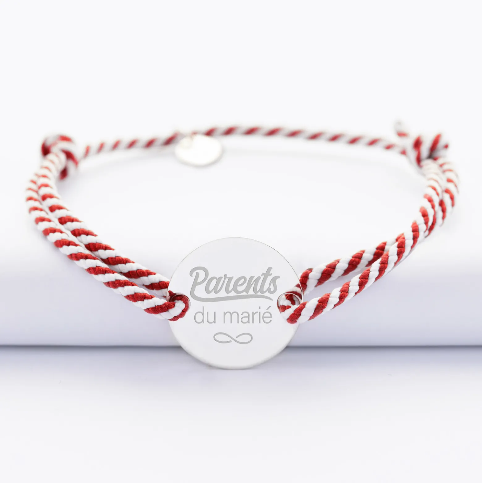 Bracelet homme Famille des mariés personnalisé cordon marin tressé médaille gravée argent 2 trous 20 mm