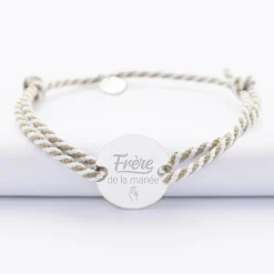 Bracelet homme Famille des mariés personnalisé cordon marin tressé médaille gravée argent 2 trous 20 mm