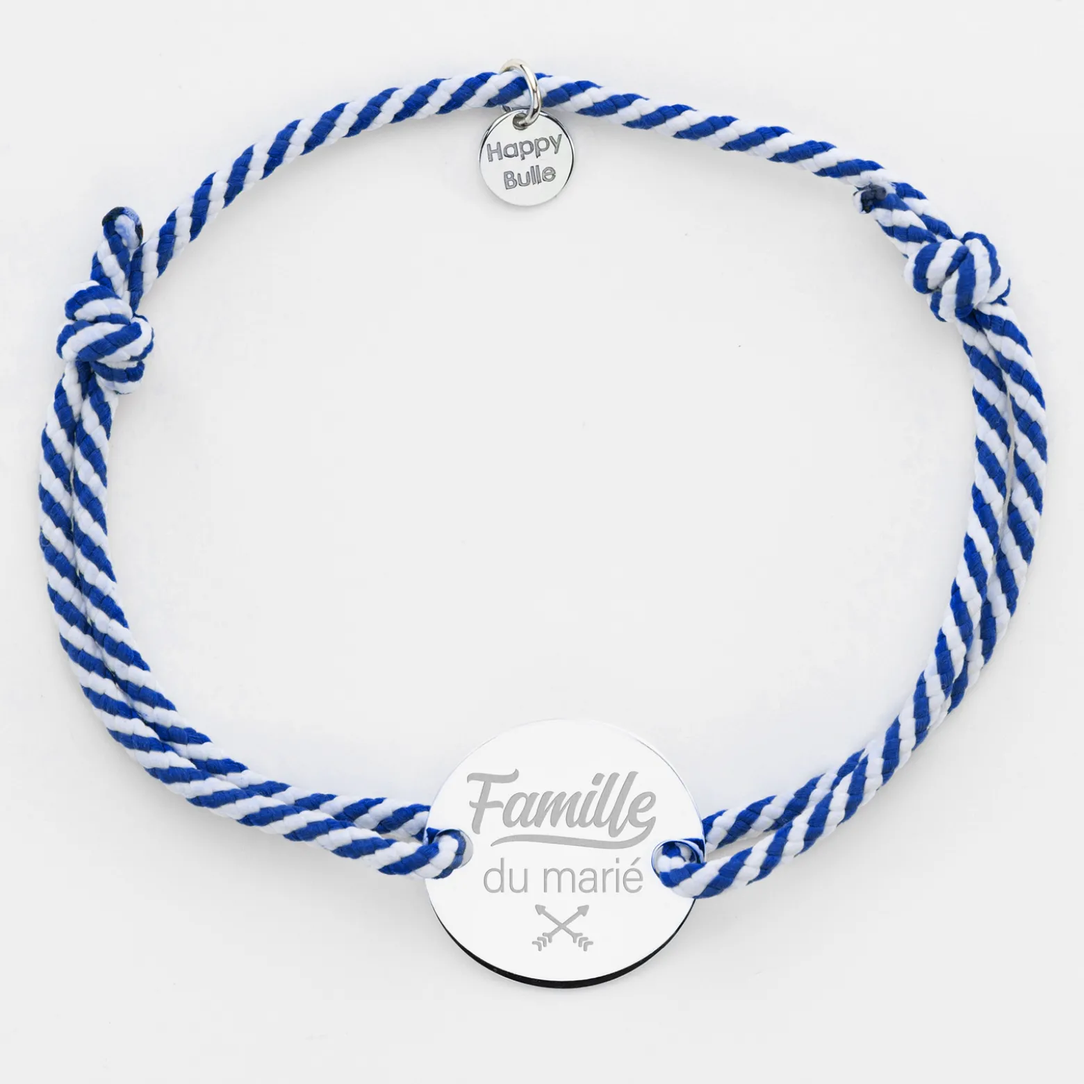 Bracelet homme Famille des mariés personnalisé cordon marin tressé médaille gravée argent 2 trous 20 mm