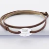 Bracelet homme Famille des mariés personnalisé cuir médaille gravée argent ovale 2 trous 25x16 mm
