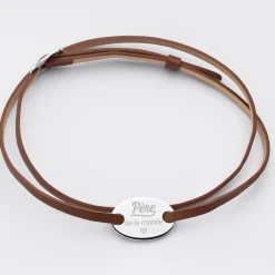 Bracelet homme Famille des mariés personnalisé cuir médaille gravée argent ovale 2 trous 25x16 mm