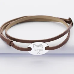 Bracelet homme Famille des mariés personnalisé cuir médaille gravée argent ovale 2 trous 25x16 mm