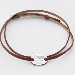 Bracelet homme Famille des mariés personnalisé cuir médaille gravée argent ovale 2 trous 25x16 mm