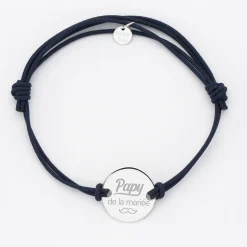 Bracelet homme Famille des mariés personnalisé cordon doublé médaille gravée argent 2 trous 20 mm