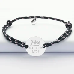 Bracelet homme Famille des mariés personnalisé cordage marin simple médaille gravée argent 2 trous 20 mm