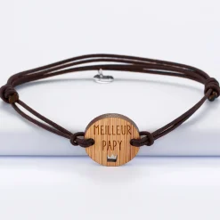 Bracelet homme médaille gravée bois ronde 21 mm - Edition spéciale "Meilleur papy"