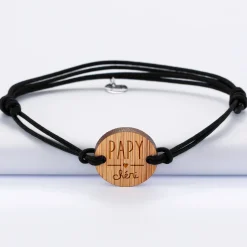 Bracelet homme médaille gravée bois ronde 21 mm - Edition spéciale "Papy Chéri"