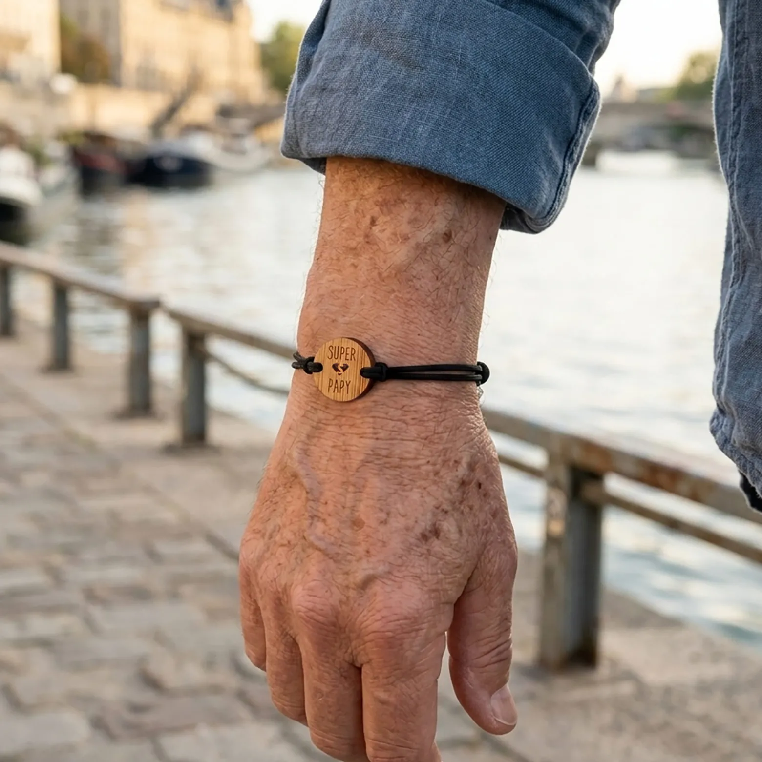 Bracelet homme médaille gravée bois ronde 21 mm - Edition spéciale "Super Papy"