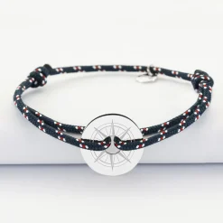Bracelet homme personnalisé cordage marin simple médaille gravée argent cible 20 mm - Edition spéciale Rose des vents