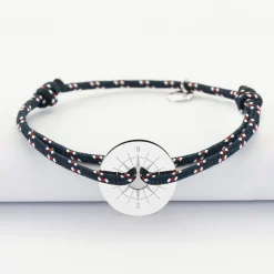 Bracelet homme personnalisé cordage marin simple médaille gravée argent cible 20 mm - Edition spéciale Rose des vents