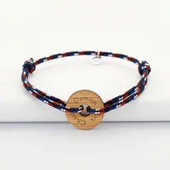 Bracelet homme personnalisé cordage BLEU BLANC ROUGE médaille gravée bois cible ronde 21 mm