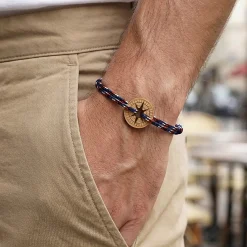 Bracelet homme personnalisé cordage BLEU BLANC ROUGE médaille gravée bois cible ronde 21 mm