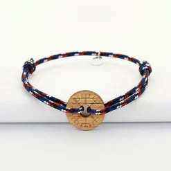 Bracelet homme personnalisé cordage BLEU BLANC ROUGE médaille gravée bois cible ronde 21 mm