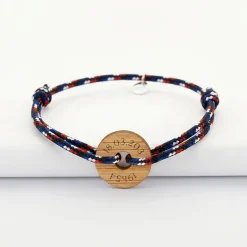 Bracelet homme personnalisé cordage BLEU BLANC ROUGE médaille gravée bois cible ronde 21 mm